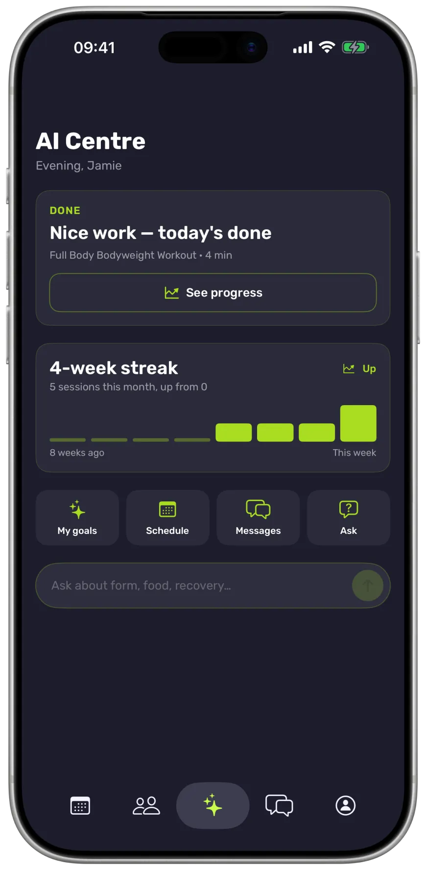 The client's AI Centre: today's workout done and a 4-week streak