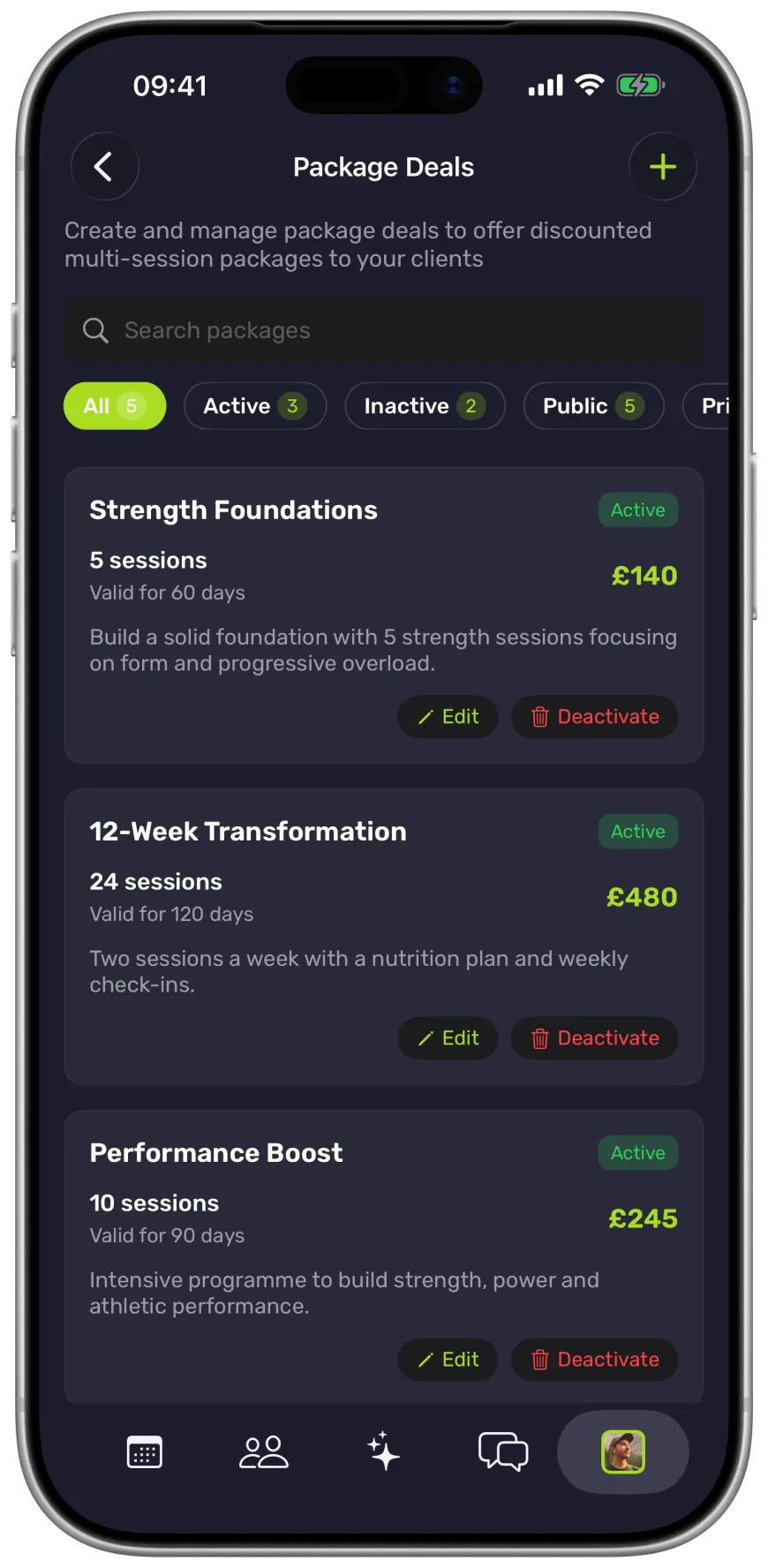 Trainer packages in the Gymbile app